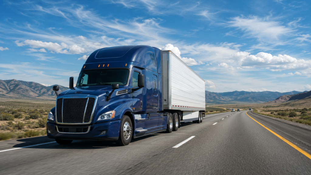 Semi-truck driving on an interstate highway in the USA
