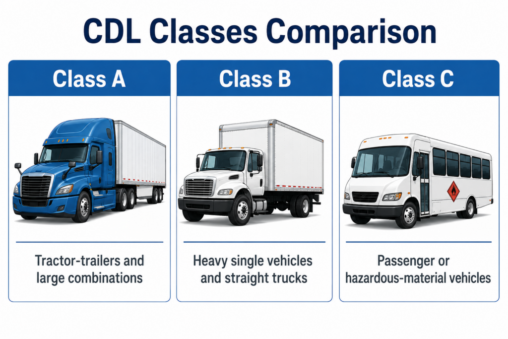 Comparison of Class A, Class B and Class C CDL vehicle types