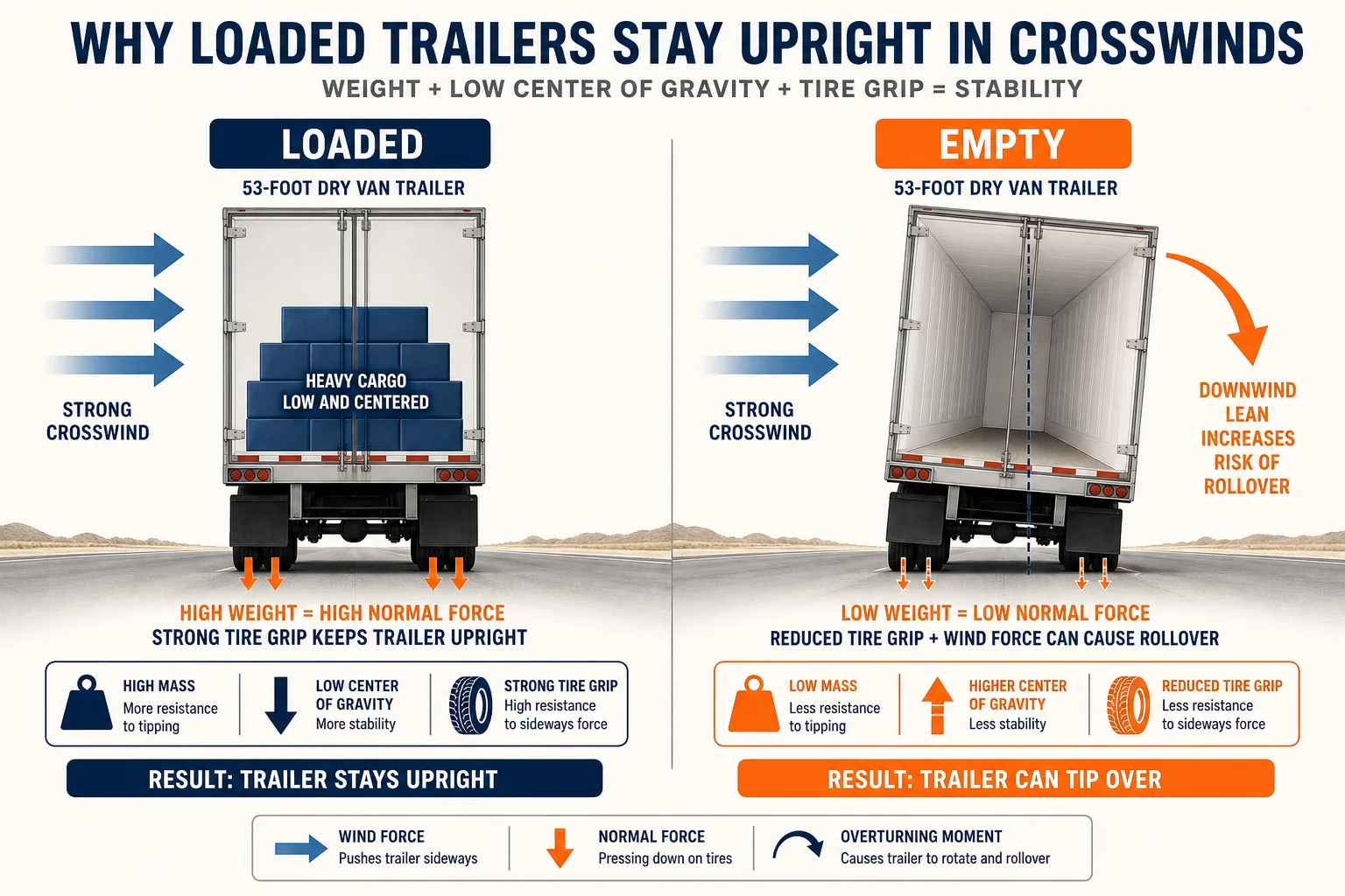 Why an empty semi-trailer has greater blow-over risk in high winds.